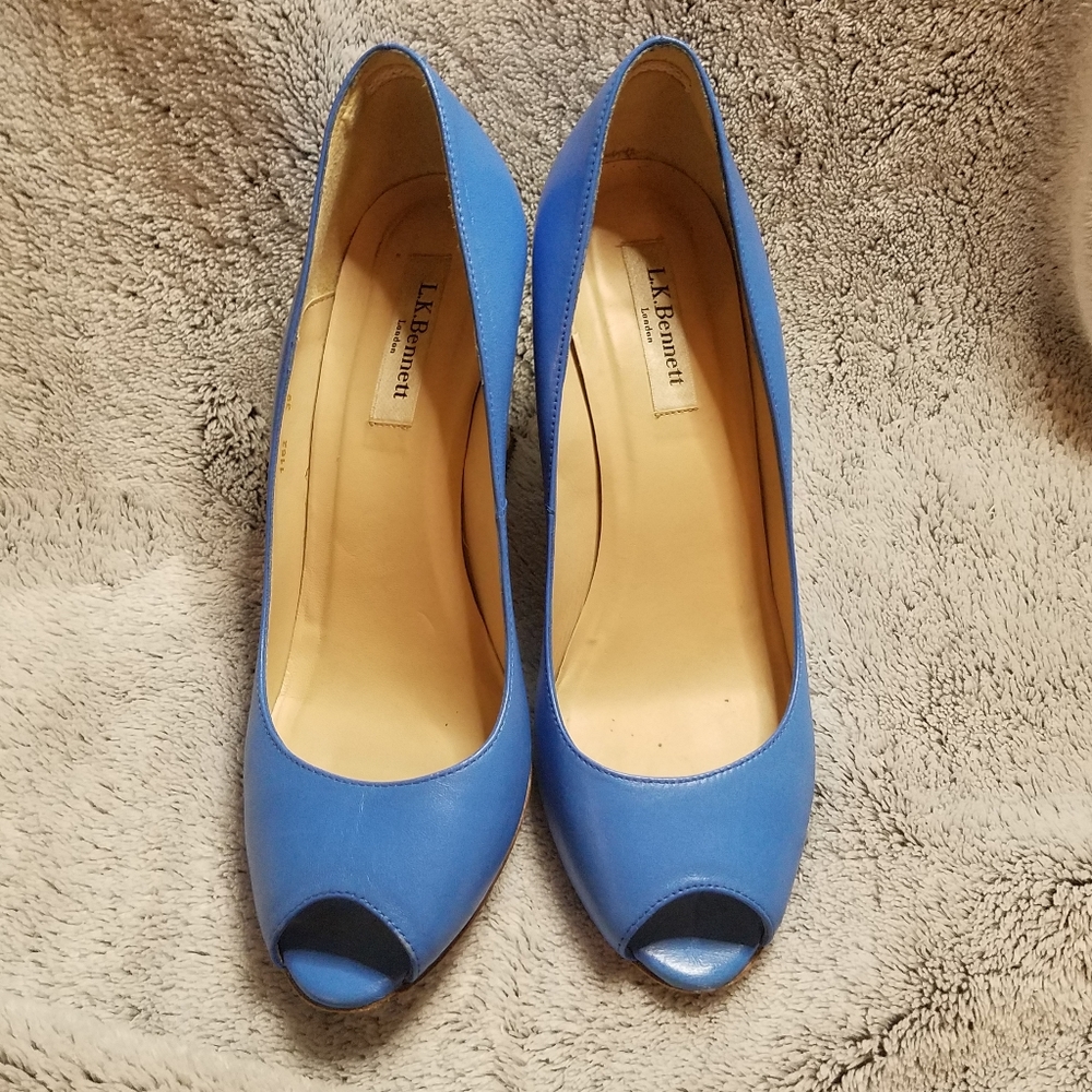 LK Bennett Blue Leather Peep-Toe Wedge Espadrilles - Picture 2 of 8